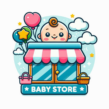 Logo de magasin pour b&eacute;b&eacute;s dans un style cartoon pour enfants avec un fond blanc, r&eacute;alis&eacute; au format EPS10, parfait pour le branding avec un design mignon et amical pour les petits.