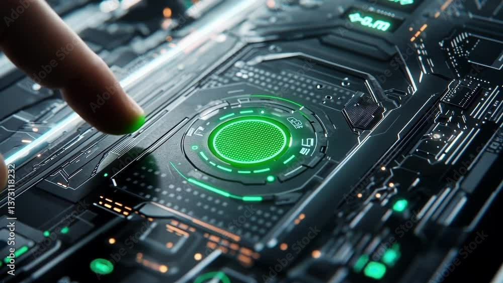 Poster close up view of an engineer's finger activating a futuristic cybersecurity system, featuring glowin