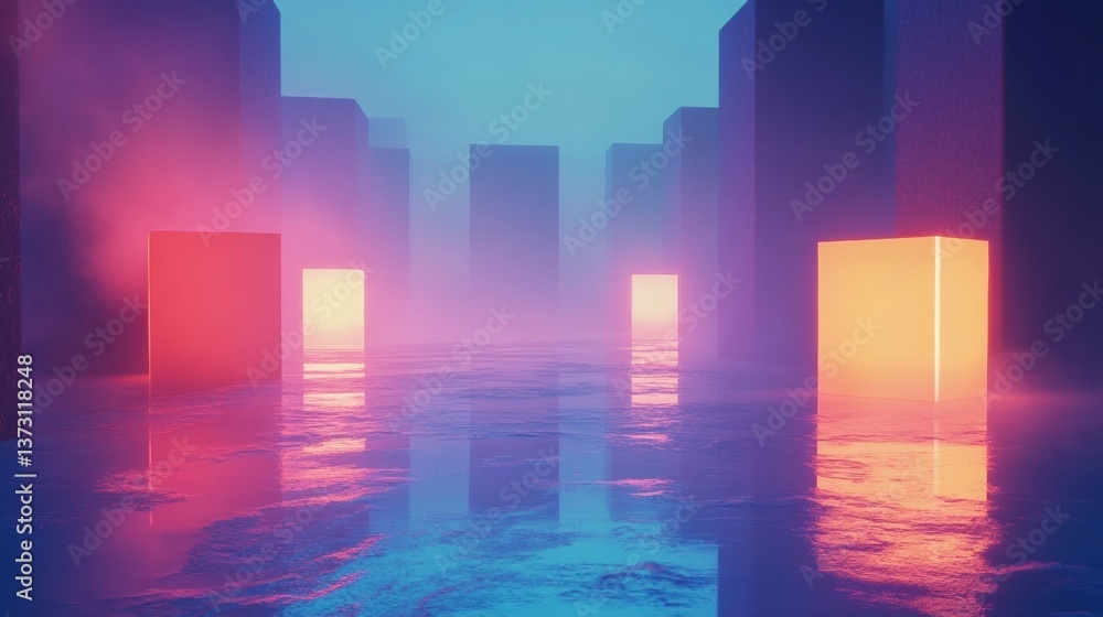 Poster Futuristic minimalistic background with floating colorful 3D cubes and soft reflections in neon gradients at dusk