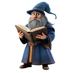A 3D Cartoon Wizard Reading a Magical Tome Isolated on Transparent Background