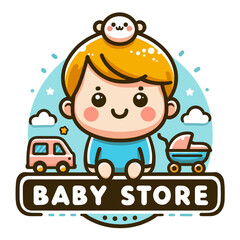 Fototapeta premium Logotipo de tienda para bebés en estilo cartoon infantil con fondo blanco, realizado en formato EPS10, ideal para branding con un diseño tierno y amigable para los pequeños