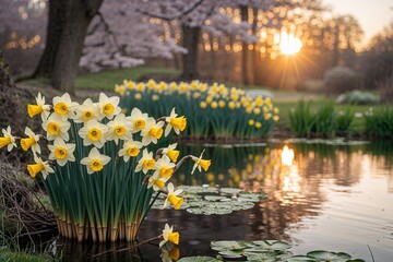 Elegant Soft Yellow Daffodils Blooming Beside a Tranquil Pond at Sunrise