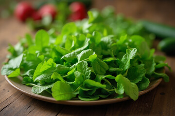Fresh watercress salad leaves, vibrant green, healthy eating ingredient preparation, on a plate against a rustic wooden background
