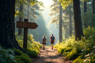 Couple's Forest Adventure, Discovering Nature's Beauty on a Scenic Mountain Trail, Embracing the Outdoors and Following the Directional Signpost for an Unforgettable Experience