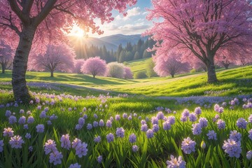 Obraz premium Vibrant Spring Meadows with Sunlight and Blossoms in a Picturesque Landscape
