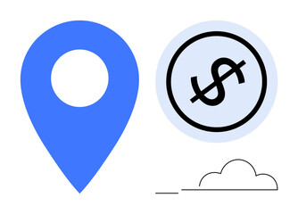 Blue location pin alongside dollar sign in a circular frame with minimalist cloud element. Ideal for finance, business, location-based services, economics, mapping, investment, decision-making. Flat