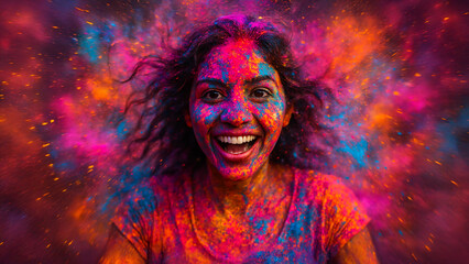 Vibrant Portrait of Woman in Colorful Holi Powder Explosion — Joyful and Energetic Festival Scene