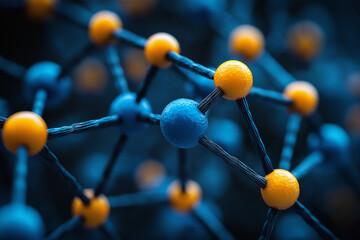 A vibrant depiction of interconnected spheres in blue and yellow, linked by dark bonds forming a complex web.. Molecules.