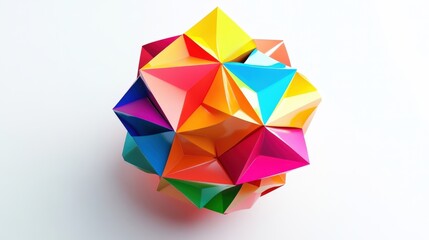 A colorful three dimensional geometric figure floats on a white surface
