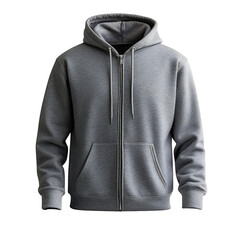 Grey Zip Up Hoodie with Drawstring Hood Isolated on Transparent Background