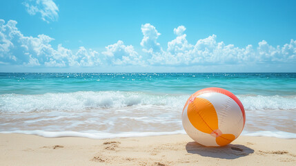 Obraz premium View on tropical beach with an inflatable beach ball, summertime vibes. Tropical travel destination, mockup for poster, advertisement. Travel industry background. Summer beach.