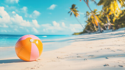 View on tropical beach with an inflatable beach ball, summertime vibes. Tropical travel destination, mockup for poster, advertisement. Travel industry background. Summer beach.