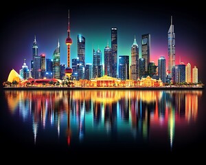 Obraz premium Vibrant brightly lit city skyline reflecting in tranquil water below