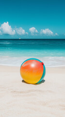 Obraz premium View on tropical beach with an inflatable beach ball, summertime vibes. Tropical travel destination, mockup for poster, advertisement. Travel industry background. Summer beach.