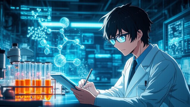 Scientist writes data using tablet in lab analyzing molecules discovering insights