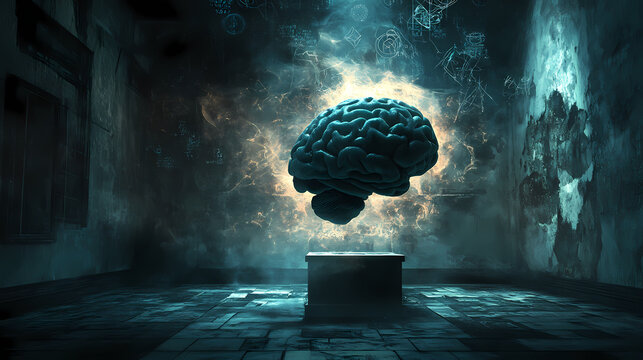 A dark, glowing brain illuminated by flickering light in a shadowy room filled with mysterious symbols. Wraithlike Light. Illustration