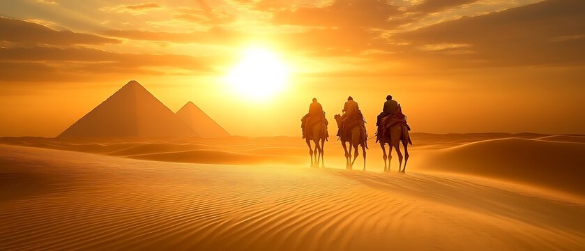 Three camels and riders journeying through the vast desert landscape