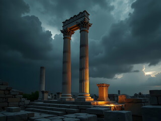 Naklejka premium Dramatic High-Contrast Image of Ancient Ruins at Dusk, Majestic Columns Under a Stormy Sky Evoke a Sense of History and Impending Weather