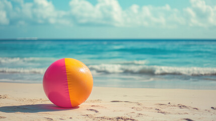 View on tropical beach with an inflatable beach ball, summertime vibes. Tropical travel destination, mockup for poster, advertisement. Travel industry background. Summer beach.
