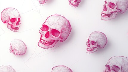 Futuristic pink wireframe skull pattern with geometric forms on a white background. Digital art
