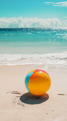 Obraz premium View on tropical beach with an inflatable beach ball, summertime vibes. Tropical travel destination, mockup for poster, advertisement. Travel industry background. Summer beach.