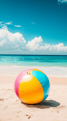 Obraz premium View on tropical beach with an inflatable beach ball, summertime vibes. Tropical travel destination, mockup for poster, advertisement. Travel industry background. Summer beach.