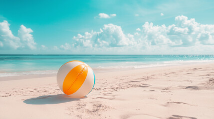 Obraz premium View on tropical beach with an inflatable beach ball, summertime vibes. Tropical travel destination, mockup for poster, advertisement. Travel industry background. Summer beach.