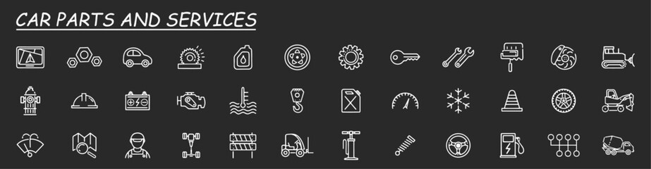 Set vector line icons with open path car service, auto repair and transport with elements for mobile concepts and web apps. Collection modern infographic logo and pictogram.