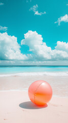 View on tropical beach with an inflatable beach ball, summertime vibes. Tropical travel destination, mockup for poster, advertisement. Travel industry background. Summer beach.