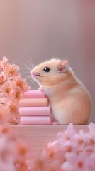 Fototapeta premium Closed up of pastel highlighters and a fluffy hamster on a wooden desk,