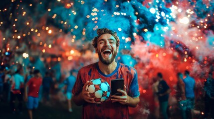 Excited fan watching football match Use Smartphone with ball. Online sports betting. Celebrate Victory when Sports Team Wins