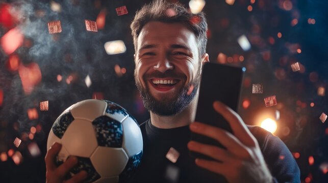 Excited fan watching football match Use Smartphone with ball. Online sports betting. Celebrate Victory when Sports Team Wins