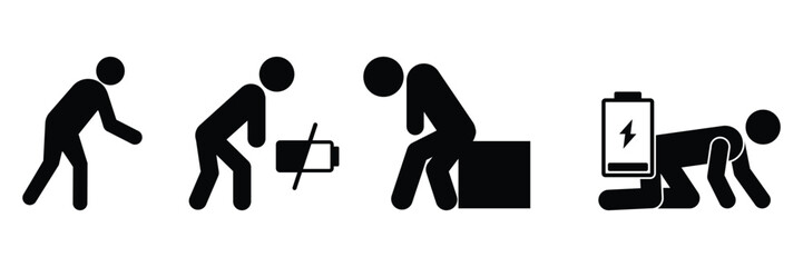 Set of weakness icon collection. stickman battery, stressed, energy indicator, Fatigue symbol. Vector Illustration.