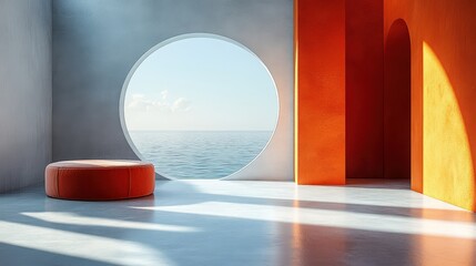 Modern interior design with circular window and ocean view