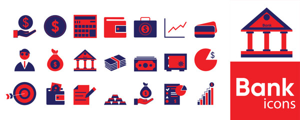 Bank Icons Set – Financial, Money, Investment & Business Symbols – Orange & Blue Vector