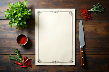 Elegant Recipe Card Template with Herbs and Spices on Rustic Wooden Tabletop, Perfect for Culinary Creations and Menu Designs, High-Resolution Stock Photo