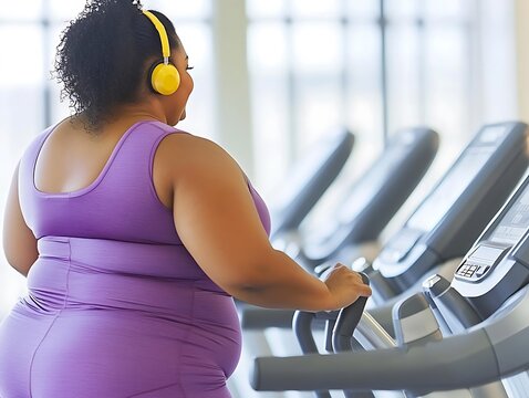A woman exercises on a treadmill while listening to music