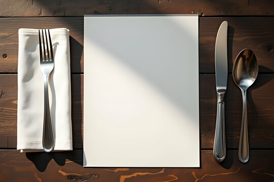 Elegant Restaurant Menu Mockup with Silverware and Napkin on Rustic Wood Table, Offering a Versatile Design Template for Culinary Presentations and Event Planning