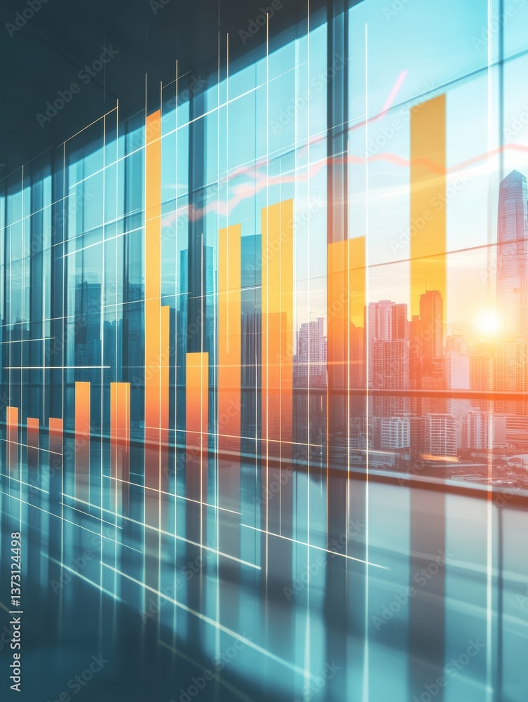 Poster e-commerce sales growth represented by bar charts and financial graphs in a modern corporate setting