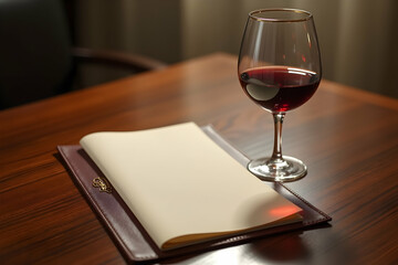 Elegant Still Life, Wine Glass with Red Wine and a Menu on a Wooden Table, Creating an Atmosphere of Refinement and Taste, Perfect for Culinary or Lifestyle Themes