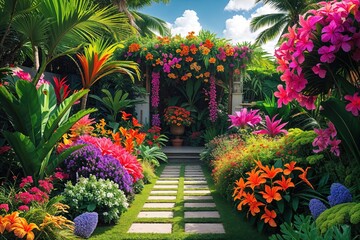 Fototapeta premium Lively Tropical Summer Garden Filled with Colorful Flowers and Vibrant Plants
