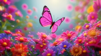 Naklejka premium Vibrant butterfly hovering above colorful flowers in a lush garden during spring