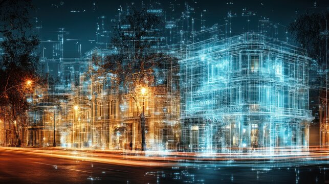 Night city, architectural plans overlaid.  Digital, futuristic view of buildings with overlaid blueprints