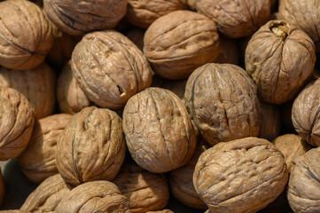 Natural beauty of sun-dried walnuts gathered on a wooden table in a rustic kitchen setting
