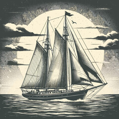 Vintage sailboat for a t-shirt or poster, monochrome illustration of classic sailboat decoration with grunge texture in EPS10 format, perfect for retro style and nautical themes