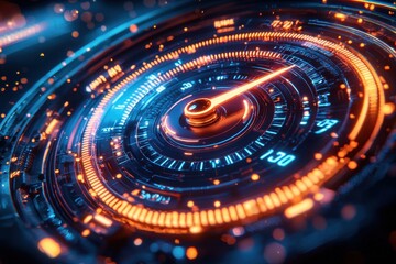 A speedometer with digital lines moving from left to right, indicating fast internet connection speed on a dark blue background. 