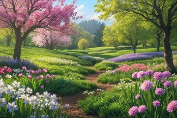 Obraz premium Vibrant Spring Landscape Featuring Colorful Blooms and Lush Green Foliage