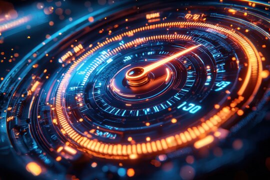 A speedometer with digital lines moving from left to right, indicating fast internet connection speed on a dark blue background. 