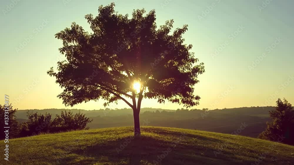 Poster sunlight filters through a tree on a hillside at dawn in a tranquil countryside