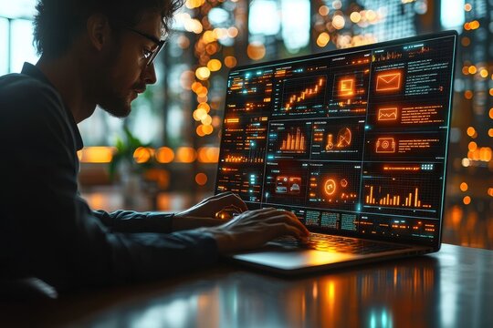 Digital twin data dashboard showing business growth charts, graphs, and a social media engagement chart with  - Powered by Adobe